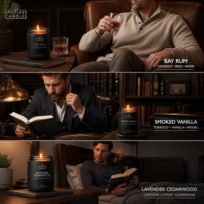 Mens Candle 3 x 8oz Pack Smoked Vanilla Bay Rum and Lavender Cedarwood Scents