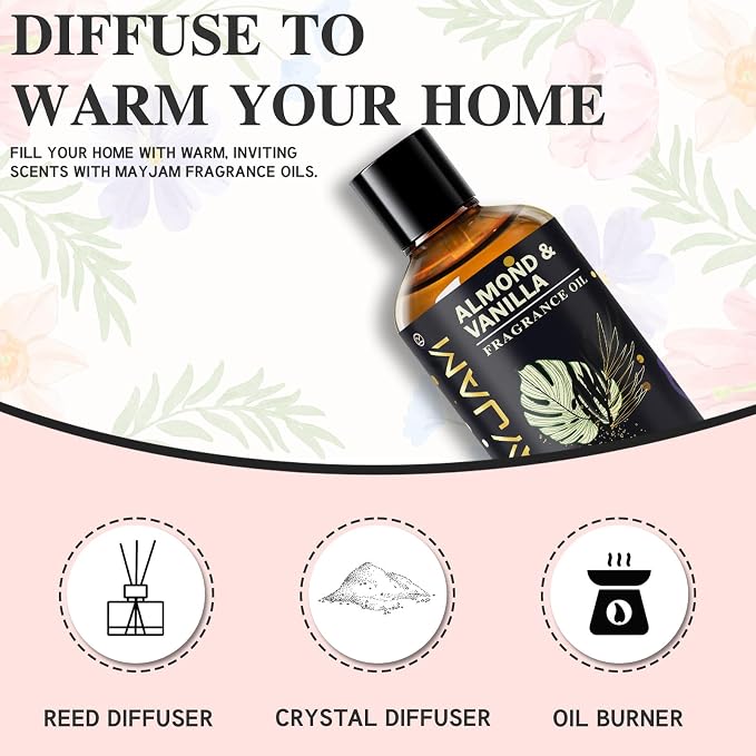 Almond & Vanilla Fragrance Oil Essential Oil, MAYJAM 3.38FL.OZ Almond & Vanilla Oil for Diffusers for Home, Long Lasting Scented Oils for Soap Candle Making - 100ML