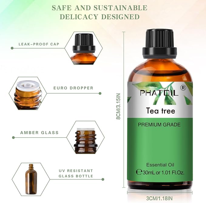 PHATOIL 1.01FL.Oz Tea Tree Essential Oil, for Aromatherapy Diffusers, Humidifiers, Great for DIY Candle and Soap Making, Gift for Friend(30ML)