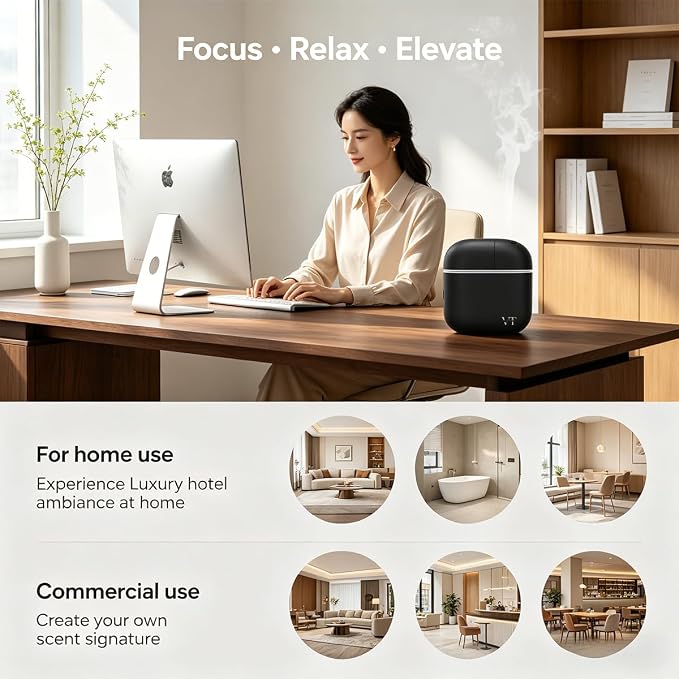 Waterless Essential Oil Diffuser (2 Fragrances Included) 3000 Sq.Ft,Home Hotel Office Use,Cold Air Scent Machine, Bluetooth App Control,LED Light,Wall-Mounted Aroma Diffuser