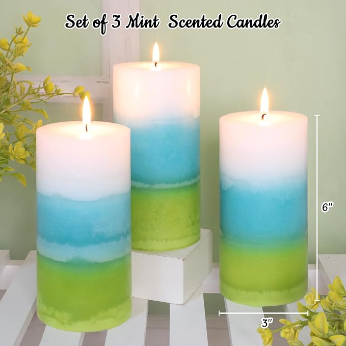 Mint Scented Pillar Candles - 3x6 inch Aromatherapy Candles, Long Lasting 70+Hours Clean Burning, Perfect for Meditation Spaces, Home Offices