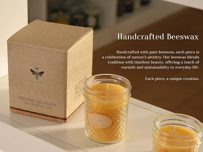 DEYBBY 2 Pack 5oz Beeswax Jar Candles Set - Beeswax Candles Gift - Handpour Bees Wax Candles for Home Decor Bath Relaxation Housewarming Gift with Natural Scent, Each 26 Hrs Burn