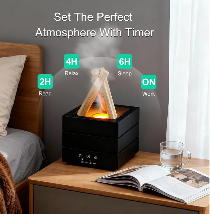Campfire Flame Essential Oil Diffuser, 280ml Ultrasonic Cool Mist Aromatherapy Humidifier with Remote Control, 7-Color LED Lights, Timer & Auto-Off for Home, Office & Bedroom (Black)