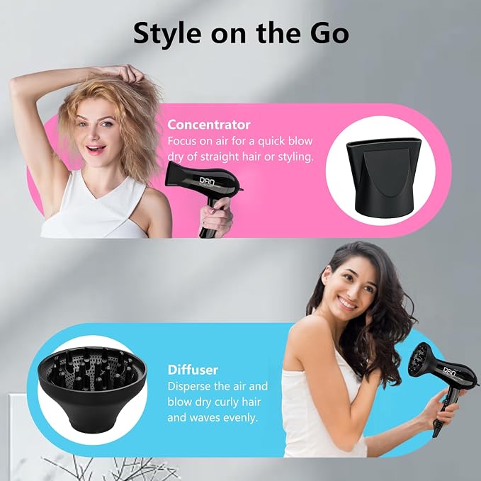 DAN Technology Auto Dual Voltage Hair Dryer,Hair Blow Dryer,Folding hairdryer for Travel,Small Blower with Multi-Function Plug Adapter,Compact Hair Dryer with Diffuser & Concentrator