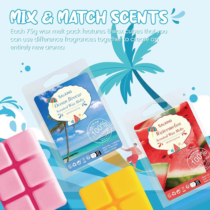 Summer Scented Wax Melts, Soy Wax Melts Gift Set, Wax Cubes/Tarts for Warmer - Ocean Breeze, Coconut, Mojito, Vanilla Ice Cream, Pineapple, Watermelon, Pink Sands, Night, 8x2.6 oz