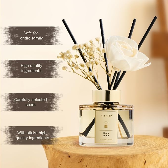Airkeep Flower Reed Diffusers Set, 5.07 oz Clean Linen Scented Oil Diffuser with 8 Reed Sticks, Home Fragrance Diffuser Gift Set for Bathroom & Office Decor 150ml