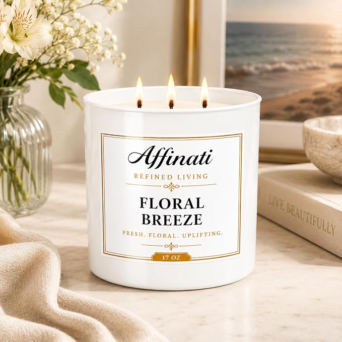 Affinati Floral Breeze 3 Wick Scented Candle – Large Soy Blend Candle, Strong Scent Throw Fresh Bright Botanical Aromatherapy Candles, Premium Elegant Gift for Women