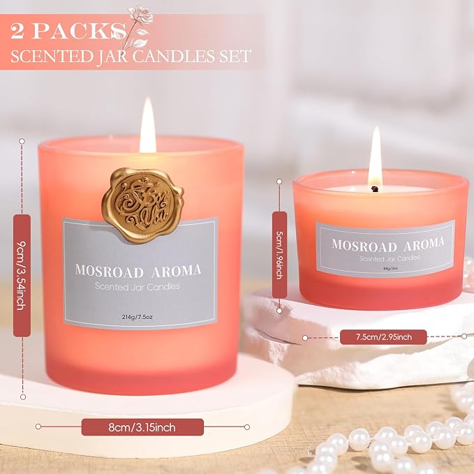 MOSROD Luxury Rose & Agarwood Scented Candles Gift Set, 2 Packs, Natural Soy Romantic Aromatherapy Jar Candle Gift for Her, Intimate Ambiance Pink Rose Candles for Home Fragrance Housewarming Gifts