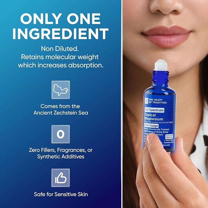 Full Spectrum Transdermal Magnesium Oil Roll On (Topical) with Glass Ball Roll-On, 1.7oz Zechstein Magnesium Oil for Feet, Sore Muscles, Leg Cramp Fix & Running Recovery, Refillable