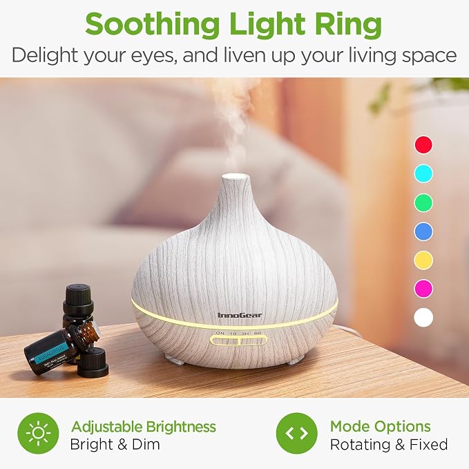 InnoGear Aromatherapy Diffuser & 10 Essential Oils Set, 400ml Diffuser Ultrasonic Diffusers for Home Cool Mist Humidifier with 4 Timers 7 Colors Light Waterless Auto Off, White Grey