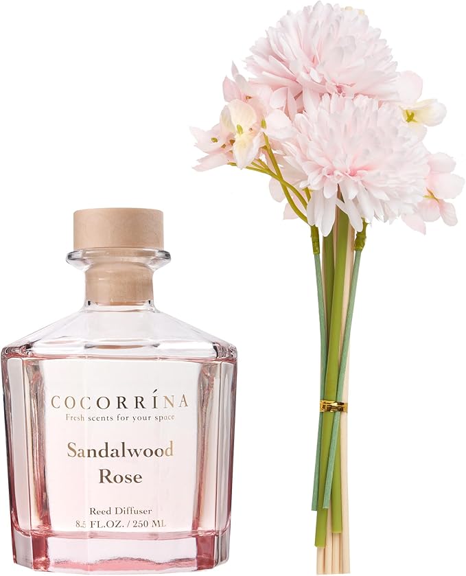 COCORRÍNA Reed Diffuser - Sandalwood Rose 8.5 Fl.oz Flower Reed Diffuser Set with 8 Sticks, Home Fragrance Reed Diffuser for Home Bedroom Office Bathroom Shelf Decor (Master Collection)
