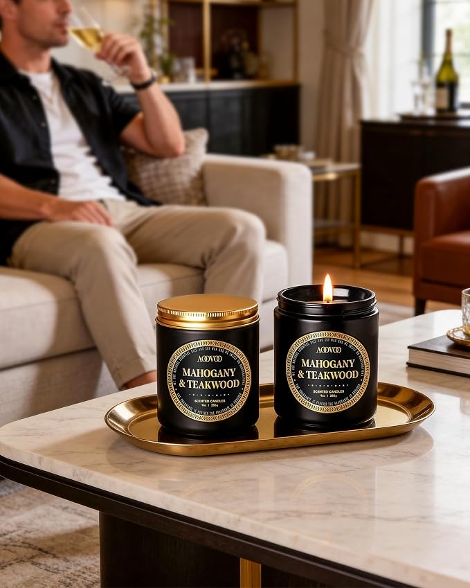 AOOVOO Scented Candles Set for Men - 2 Pack Mahogany & Teakwood Candles for Home Scented | Soy Candles | Strong Fragranced Masculine Black Candle Gift for Women & Men, 18oz