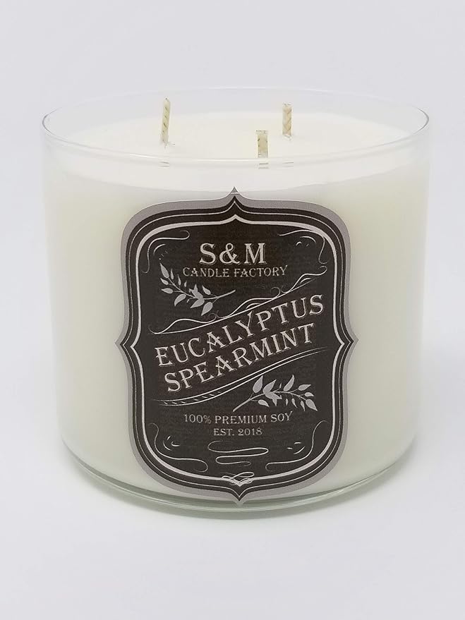 S&M Candle Factory Eucalyptus Spearmint Candle - Aromatherapy Soy Wax 3 Wick Scented Candle ~ Stress Relief/Stress Free Eucalyptus Spearmint ~ Made in USA (Large 3 Wick, White)