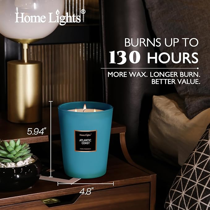 HomeLights Scented Candle | Large Jar Candle - 33.3 Oz. Natural Soy Aromatherapy Candles | Up to 130 Hours Burn Time with 3 Cotton Wicks,Home Decorative Fragrance Candles Gift - Atlantic Coast