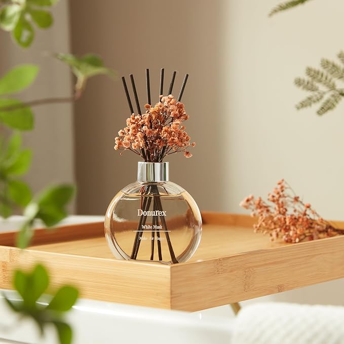 Flower Reed Diffuser Set 5.07oz White Musk Scent Diffuser with Sticks Home Fragrance Reed Diffuser for Bathroom Shelf Decor