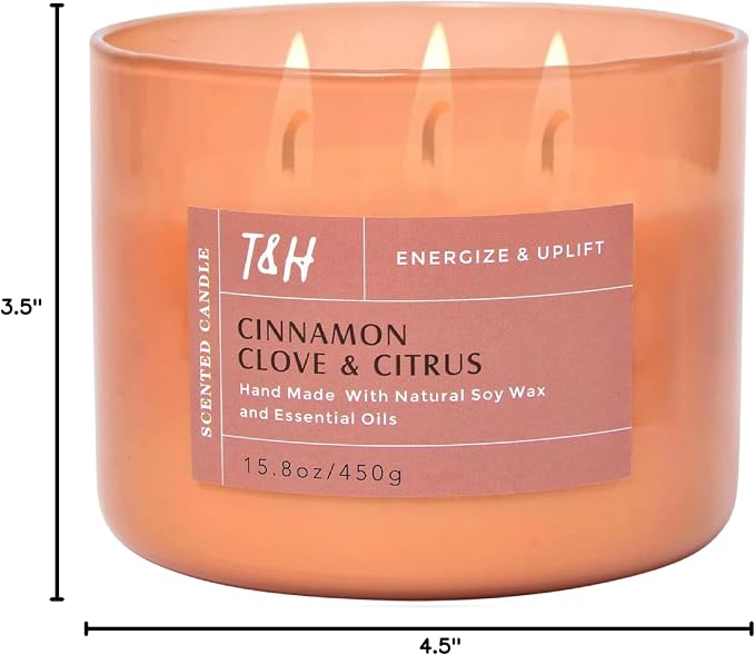 Cinnamon Clove Citrus 3-Wick Soy Candle | 15.8 oz Large Scented Candle for Home | Clean Burn Long Lasting | Spiced Lemon Lime Scent | Gift Ready
