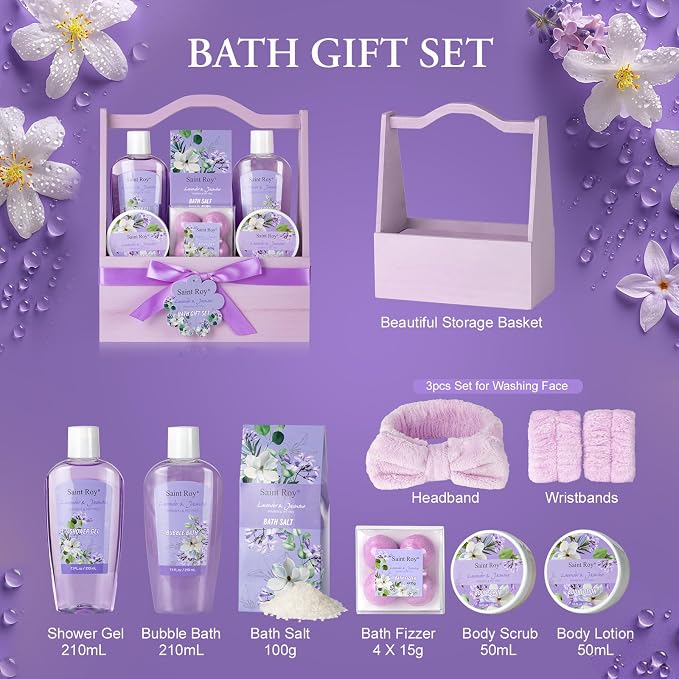 Home Spa Gift Basket for Women, Lavender Jasmine Bath & Body Care Kit | Bath and Body Gift Baskets, self care birthday gift for women, Spa Gifts for birthday, christmas