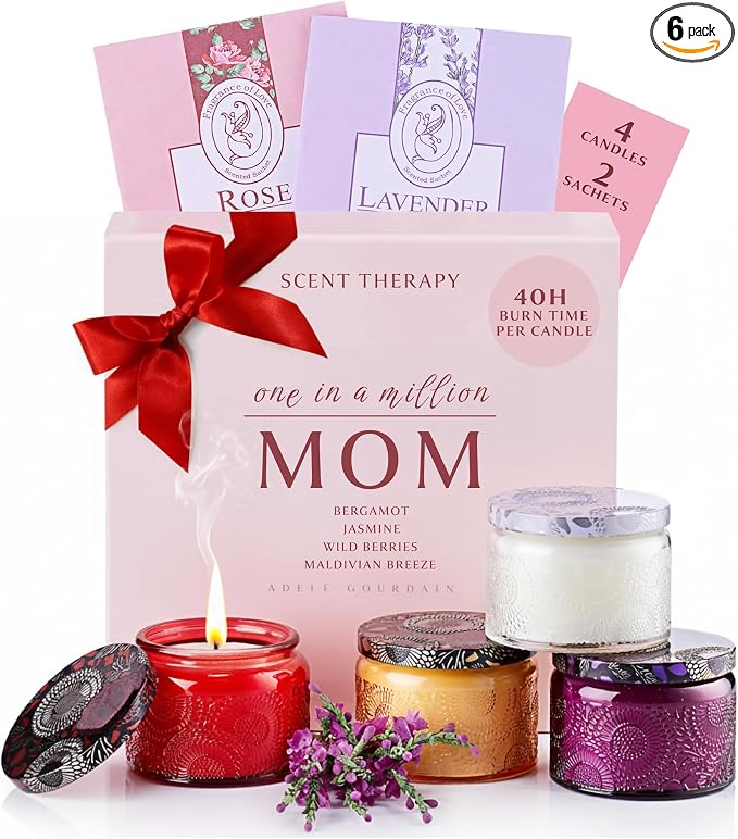 Scented Candle Gift Set for Women - 4 Natural Soy Wax Candles (4.4 oz) & 2 Fragrance Sachets - 160 Hour Total Burn Time - Spa & Relaxation, Aromatherapy Scents Fragrance, Gift Box for Mother's Days