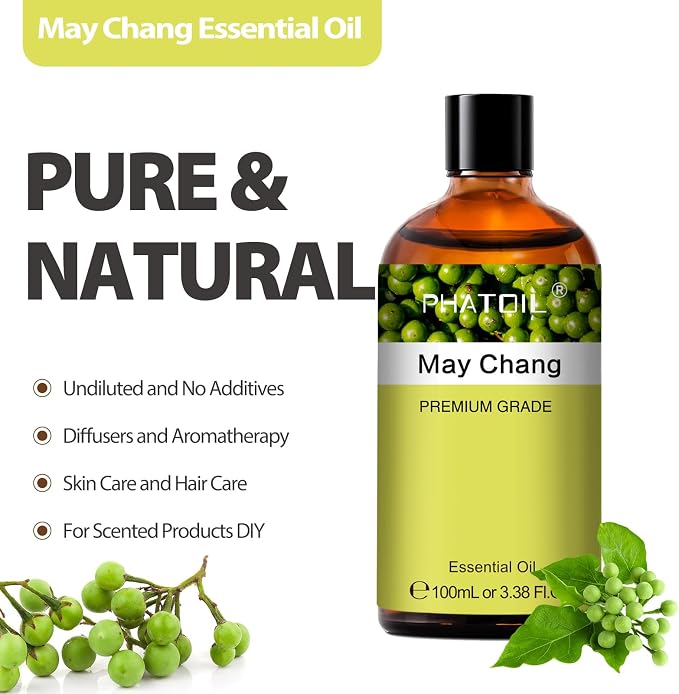 PHATOIL May Chang (Litsea Cubeba) Essential Oil, Pure Premium Natural May Chang Oil for Hair Care, Body Skin Care, Aromatherapy, DIY Candle, Soap Making 3.38Fl Oz