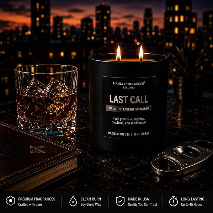 Manly Indulgence Last Call Scented Candle, 2 Wick, 13 oz, Premium Soy Blend Wax, Candles for Home Scented - Made in The USA