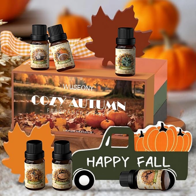 WUSEONY Fall Essential Oil for Diffusers, Autumn Fragrance Oil Set, Aromatherapy Oils Gift Set for Candle Soap Making - Apple Cider, Nutmeg, Snickerdoodle, Vanilla, Forest Pine, Pumpkin Spice, 6x10ml