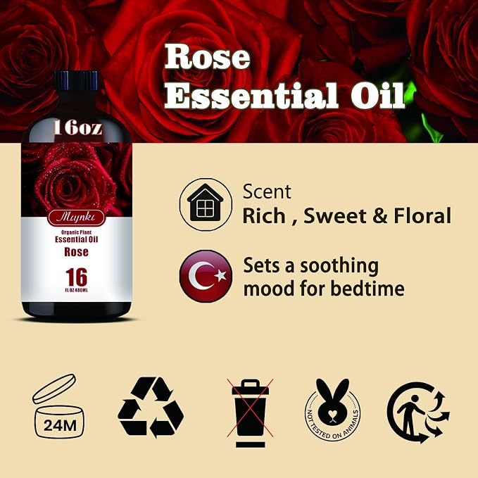 Rose Essential Oil, Rose Oil for Skin Care, Massage, Diffuser, Humidifier, DIY Soap, Candle, Bath, Yoga, Gift Ready,Rose Fragrance Oil - MLYNKL Essential Oils (16.33 fl oz / 490ml)