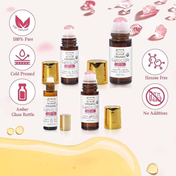 Castor Oil with Rose Quartz Roll On, 4 Pack for Face, Body, Hands & Feet—Real Crystal Roller Set, Organic Cold-Pressed Castor Oil, Hexane-Free, Moisturizing & Relaxing Self-Care Gift Set for Women