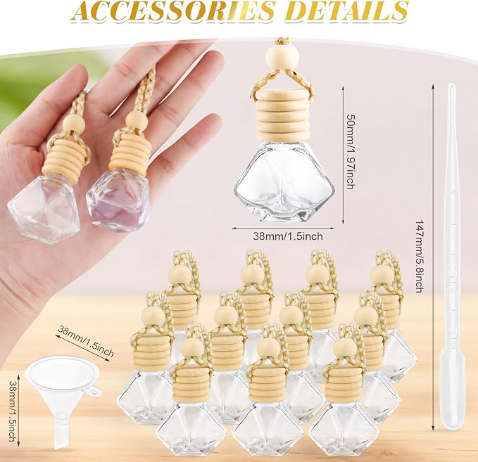 100 Pcs 8ml Hanging Car Air Freshener,Empty Clear Glass Essential Oil Diffuser Perfume Aromatherapy Pendant Bottle Vials Ornament Decor With Wooden Caps & Hanging String-Diamond Shape