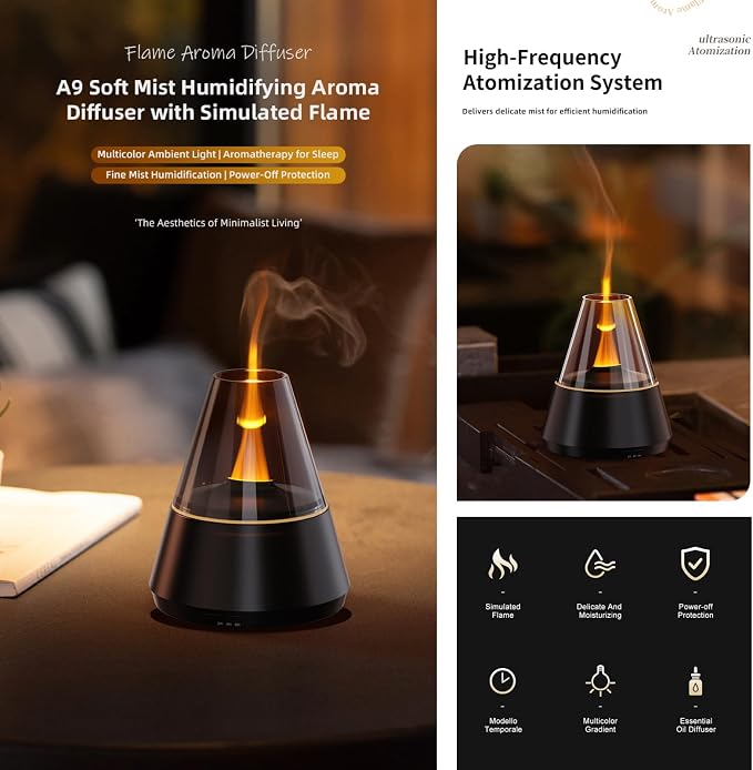 Ultrasonic Aroma Diffuser with Simulated Flame, 150ml, Timer and Auto-Off, LED Ambient Light (Black)