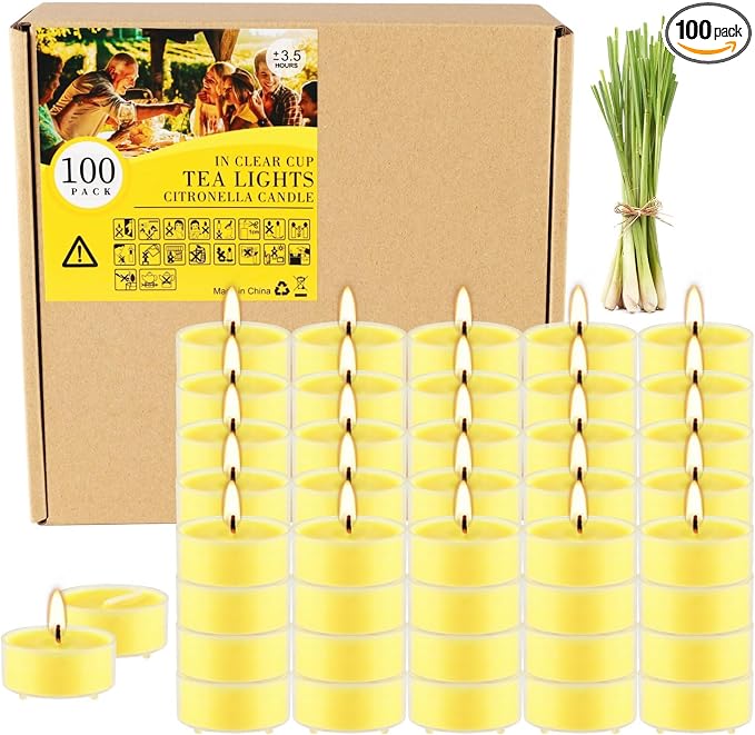 3.5-Hour 100Pack Yellow Tealight Candles, Outdoor and Indoor Summer Scented Candle,Natural Soy Wax Candle for Home Patio Garden Yard Balcony,BBQ Birthday Emergency