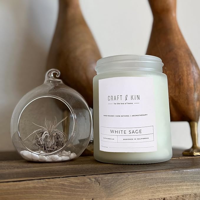 Craft & Kin Premium White Sage Scented Candle – Long Lasting, 45 Hour Burn Time – Luxury Natural Soy Scented Candle – Room Decor and Aromatherapy – 8 oz