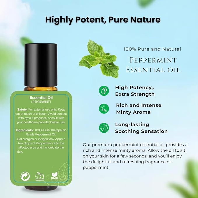 Premium Peppermint Essential Oil Roll On (Pack of 2), 100% Pure & Natural, Mentha Piperita, Headache & Migraine Relief, Refreshing and Calming, Nausea Relief, 2 x 10ml