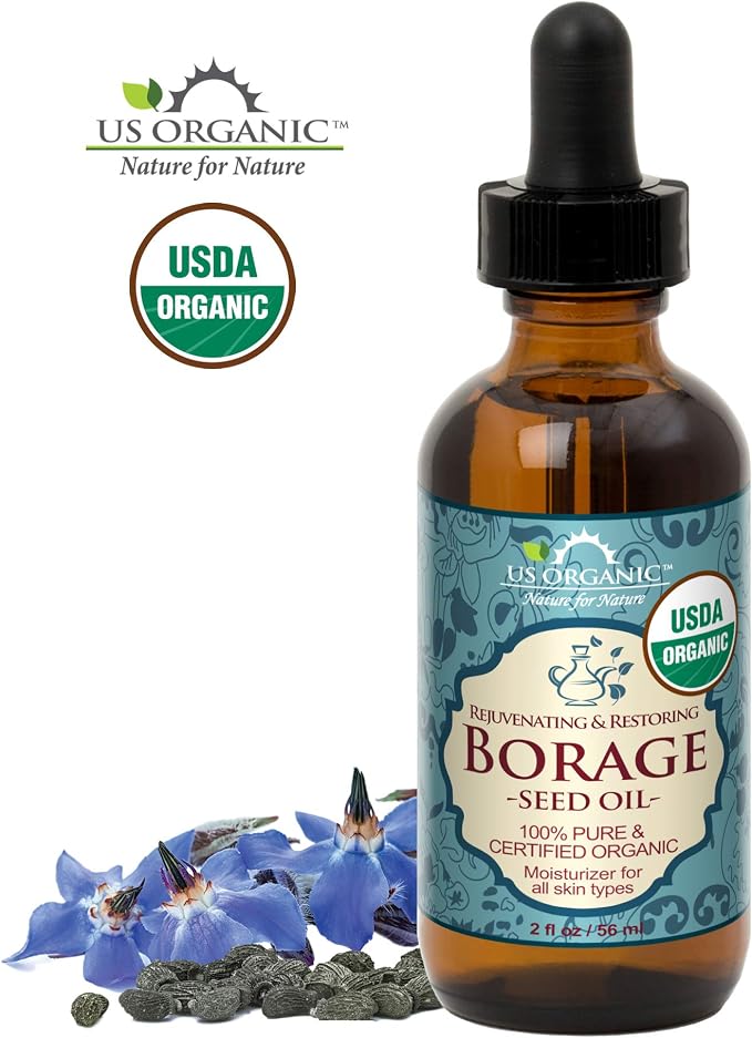 US Organic Borage seed Oil (18% GLA), USDA Certified Organic, 100% Pure & Natural, Cold Pressed, aka Starflower oil, in Amber Glass Bottle w/Eye dropper for Easy Application (2 oz (56 ml))