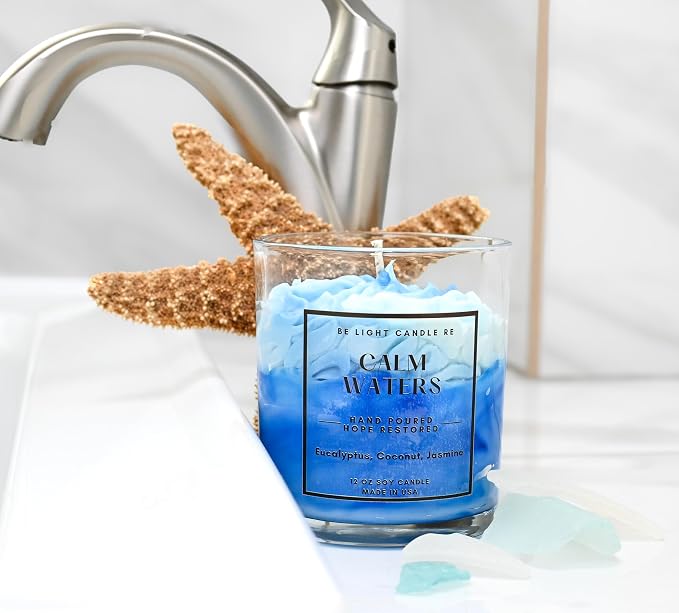 Coastal Beach Candle | Purpose-Driven Soy 12oz Scented Non-Toxic | Gifts for Women | Blue Aesthetic | Decorative Cute Candle | Be Light Candle RE (Calm Waters)