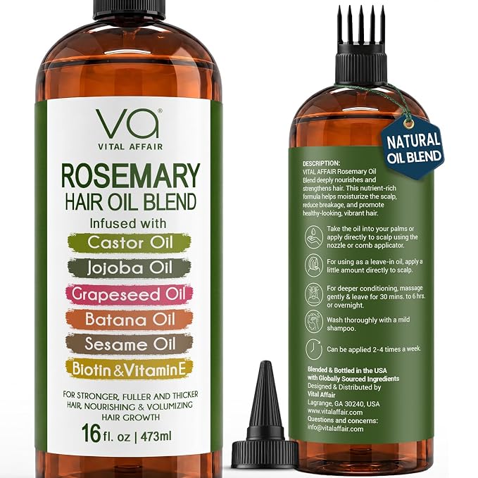 VITAL AFFAIR Blend Of Pure Rosemary Oil For Hair Growth With Castor, Batana, Jojoba Oil-Infused With Biotin & Vitamin E-Blend of Effective Hair Oils for Hair Growth-Strengthening Treatment 16 Fl Oz