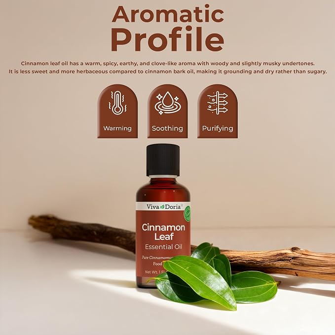 Viva Doria Cinnamon Leaf Essential Oil, 100% Pure, Natural Cinnamon Essential Oil, Undiluted, for Aromatherapy | Food Grade, 30 mL (1 Fluid Ounce)