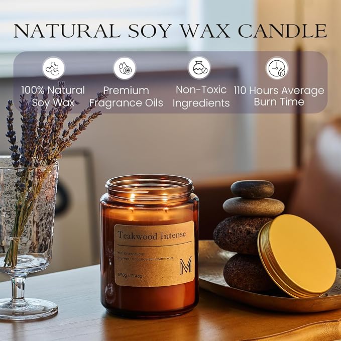 M&SENSE Teakwood Intense Scented Large Candle, 19.4oz Aromatherapy Candle for Home Fragrance, Natural Organic Soy Wax Long-Lasting for Stress Relief, Yoga, Gifting for Birthday, Housewarming