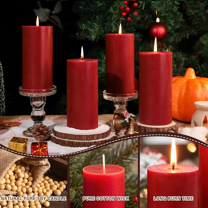 2.8x6 Inch Soy Pillar Candles 270 Hours Long Burning Natural Soy Wax Emergency Candles Smokeless Red Pillar Candles Dripless Handmade Pillar Candle for Wedding Table Home, 3 Pack