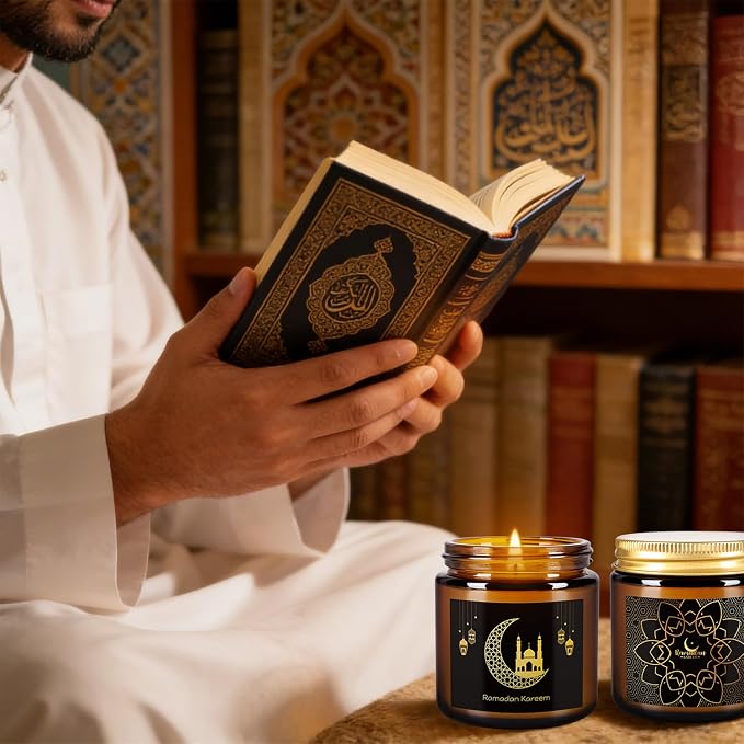 12 Pcs Ramadan Mubarak Scented Candle Set - Eid Candles for Home Decor, Aromatherapy Islamic Gifts for Women & Family, Mosque-Inspired Jar with Islamic Lanterns & Stars, Brown Soy Wax