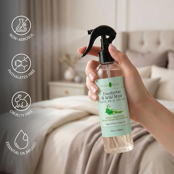 Eucalyptus & Wild Mint Room and Linen Spray, Natural Aromatic Mist Made with Pure Eucalyptus & Wild Mint Essential Oils, Refreshing Air Freshener Odor Eliminator Positive Essence (8.5 fl oz)