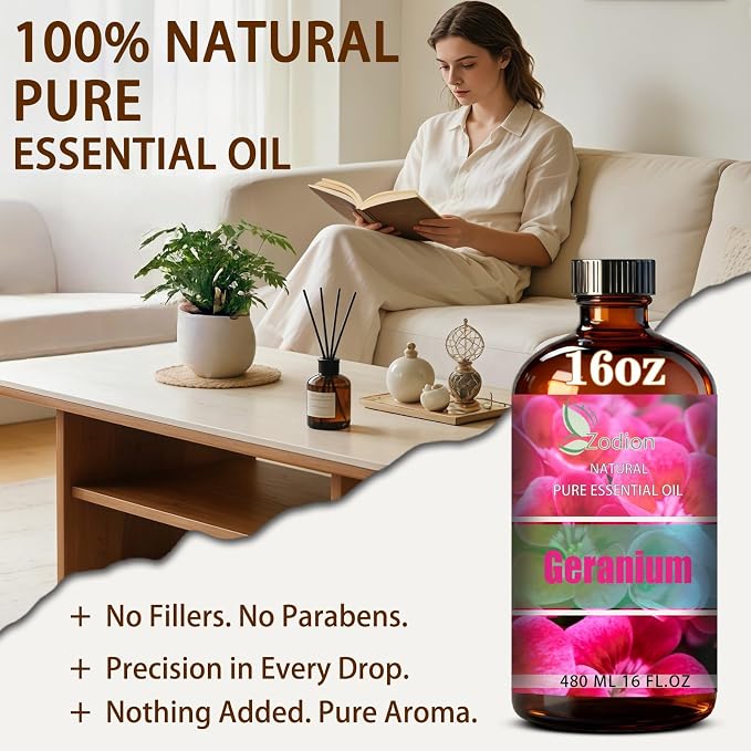 Geranium Essential Oil - Geranium Fragrance Oil for Diffuser, Massage, Humidifier, DIY Candle, Soap Making, Home, Bath, Yoga - 16 fl oz (480ml) - ZODION Essential Oils