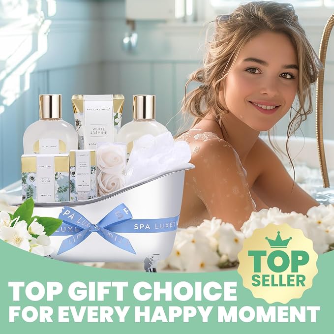 Spa luxetique 8pcs Jasmine Gift Set for Women, Spa Gift Baskets Bath and Body Gifts with Shower Gel, Bubble Bath, Mother's Day Gifts for Mom Birthday Anniversary