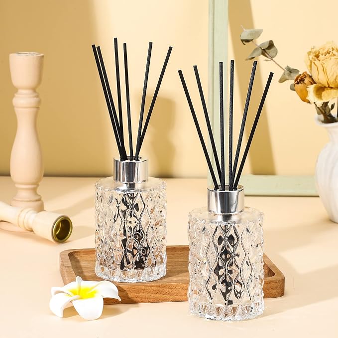 Norme 4 Set Empty Reed Diffuser Bottle Set with Stick, 150ml/5oz Clear Diffuser Glass Jars with Black Rattan Reed & Cap, for DIY Essential Oil, Fragrance, Home Fragrance, Bulk (Silver)