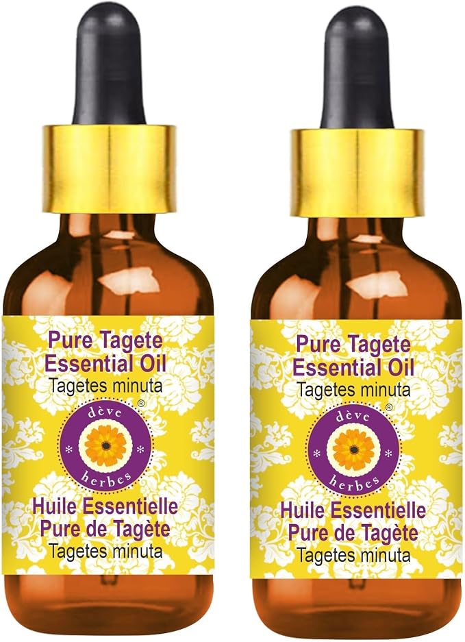 Deve Herbes Pure Tagete Essential Oil (Tagetes minuta) with Glass Dropper Steam Distilled (Pack of Two) 100ml X 2 (6.76 oz)