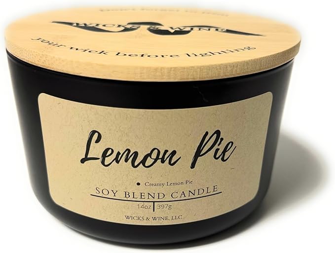 Wicks & Wine Soy Blend 3-Wick Cotton CORE Candle 14oz (Lemon Pie)
