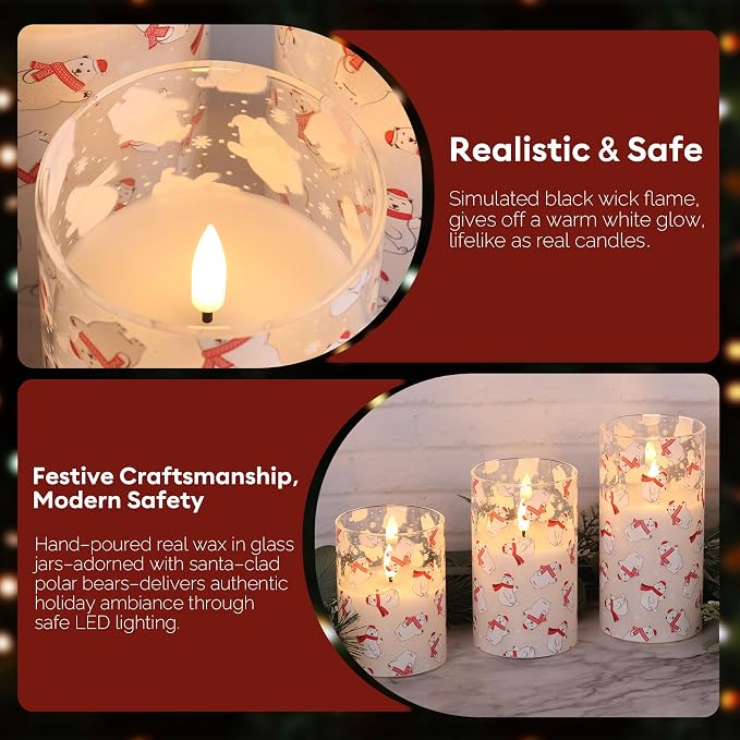 Eywamage Christmas Glass Flameless Pillar Candles with Remote, Flickering LED Battery Candles Bear Holiday Winter Table Decor Gift Set of 3