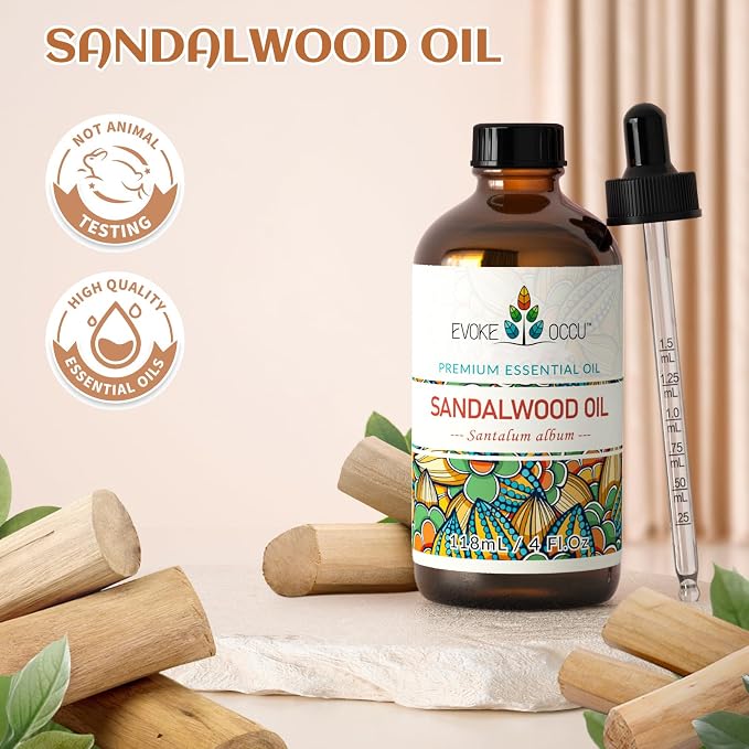 EVOKE OCCU Sandalwood Essential Oils for Skin Care, Diffuser, Perfume, Candle and Soap Making - 4 FL Oz