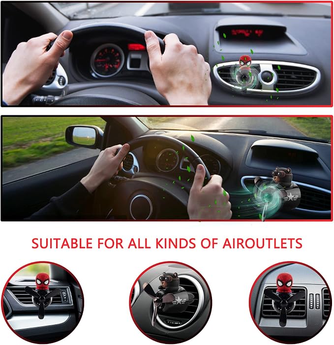 2pcs Car Air Fresheners Cartoon Cute Bear Pilot Automotive Air Outlet Propeller Car Diffuser Creative Car Perfume Decoration for Car Vent Clips with 8 Fragrant Tablets for Women Men (Bear + Hero)