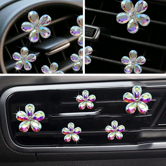 Bling Daisy Flower Car Air Vent Clips, 5PCS Sparkling Crystal Rhinestone Cute Vehicle Air Conditioning Clamp, Diamond Auto Air Outlet Clip Decor for Women Girls (Multicolor)