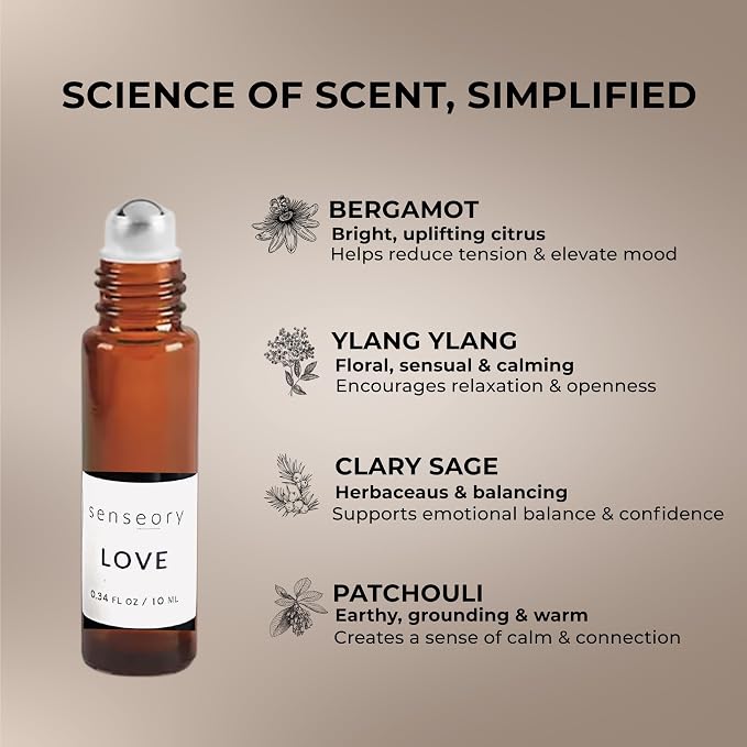 Love Essential Oil Roll-On – Sensual Aromatherapy Blend for Romance, Attraction, Confidence & Connection | Bergamot, Ylang Ylang, Patchouli & Clary Sage | Unisex Essential Oils – 10ml